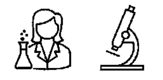 Symbol einer Wissenschaftlerin mit Reagenzglas neben einem Mikroskop